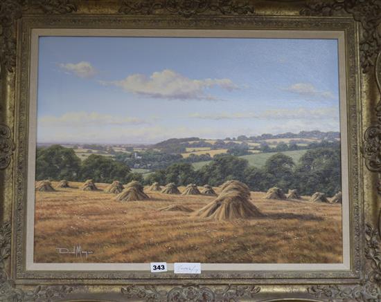 David Morgan (b. 1964), oil on canvas, harvest landscape with corn stacks, signed, 45 x 59.5cm